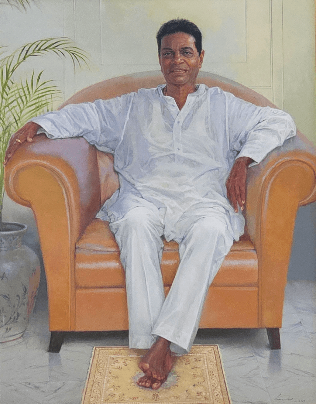 Portrait painting of Shri Subhash Ganpat Mhatre seated in a white kurta